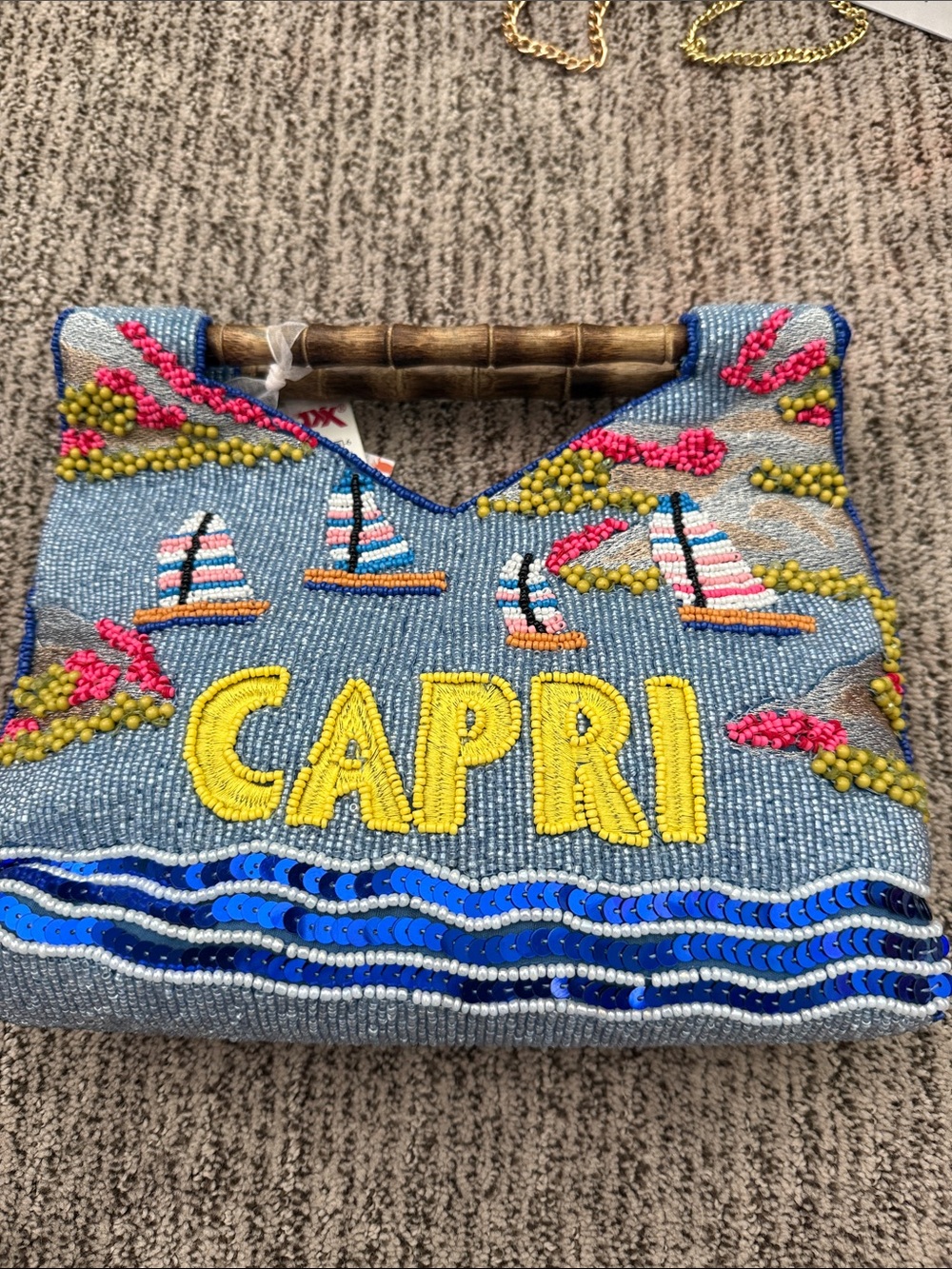 T.J.Maxx Blue Beaded 'CAPRI' Mini Bag with Yellow Lettering